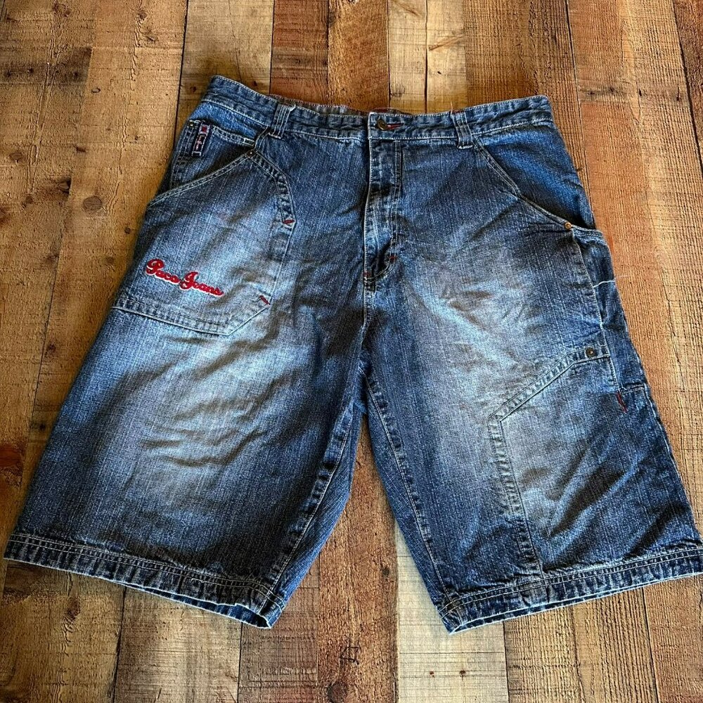 Vintage Y2K Poco Jeans Denim Cargo Shorts Size 40 Embroidered Logo & Pockets
